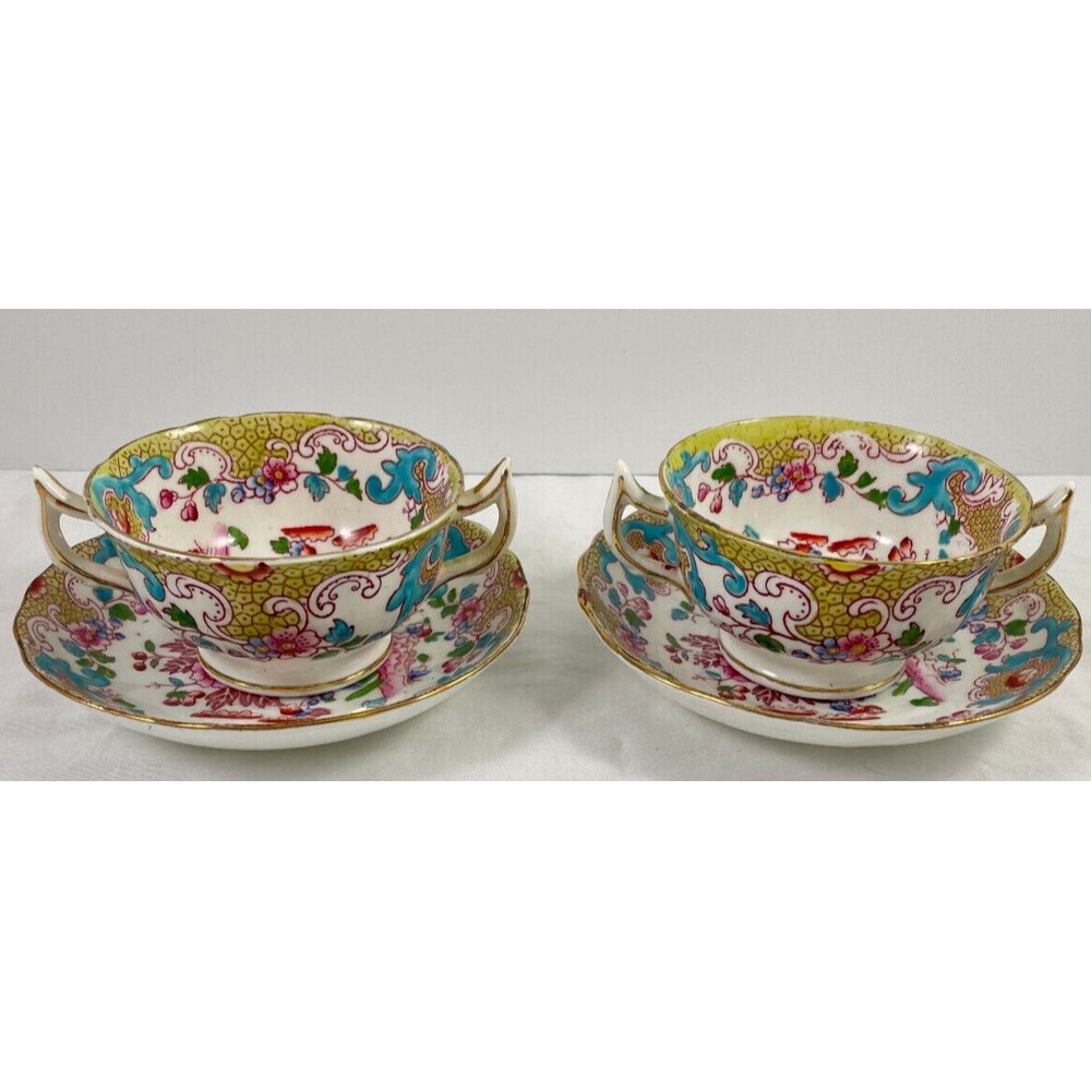 Royal Stafford Asian Pagoda Double Handled Bouillon Cup w/ Saucer Set of 2